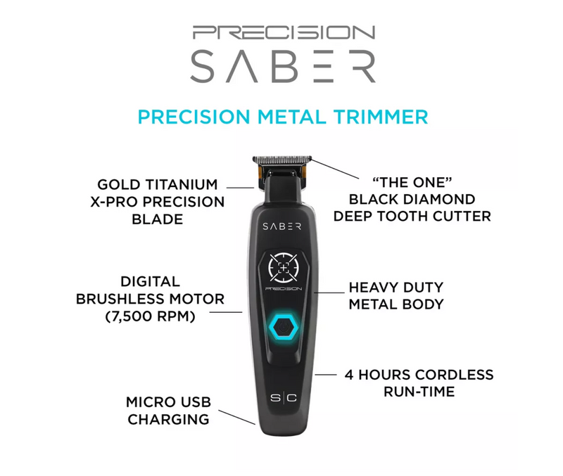 StyleCraft S|C Precision Saber – Full Metal Body Digital Brushless Motor Cordless Hair Trimmer – Black