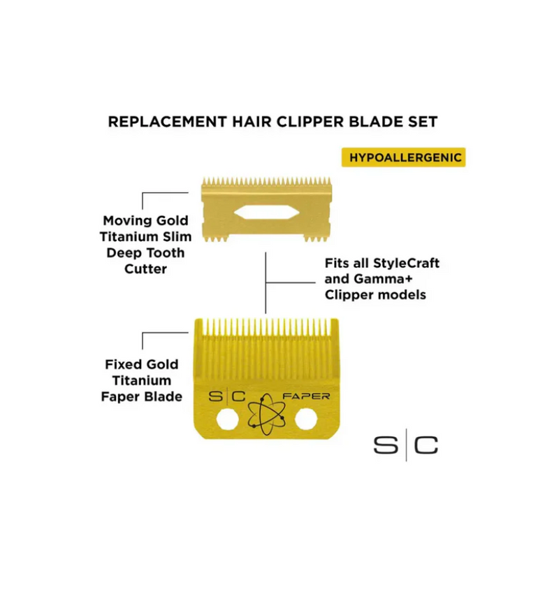 StyleCraft Fixed Gold Titanium Faper Clipper Blade w/ Moving Slim Deep Cutter Set (SC525G)