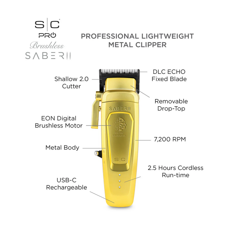 StyleCraft Saber 2.0 Cordless Modular Clipper w/ High-Torque Digital Brushless Motor - Gold