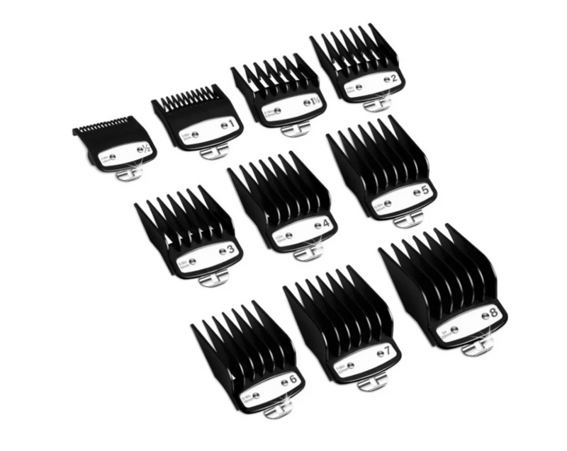 Mat Black Clipper Premium Guards set with metal clip – fits wahl and babyliss (10pc = 1-8, 0.5, 1.5)