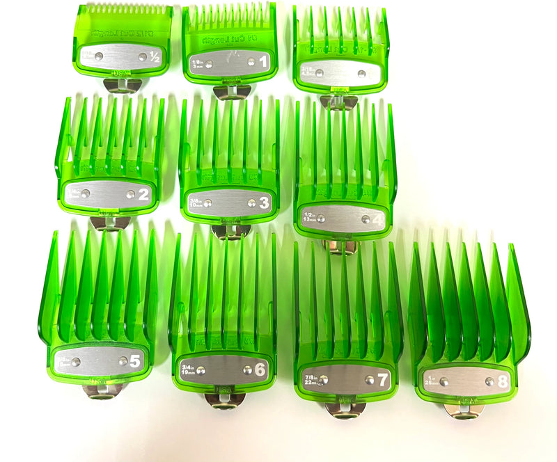 Green Clear Clipper premium guards set with metal clip – fits wahl and babyliss (1-8, 0.5, 1.5)