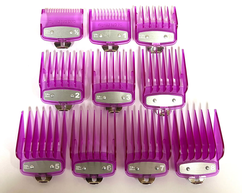 purple Clear Clipper premium guards set with metal clip – fits wahl and babyliss (1-8, 0.5, 1.5)