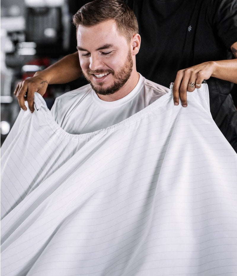 Barber Strong barber Cape White with Black Pinstripe