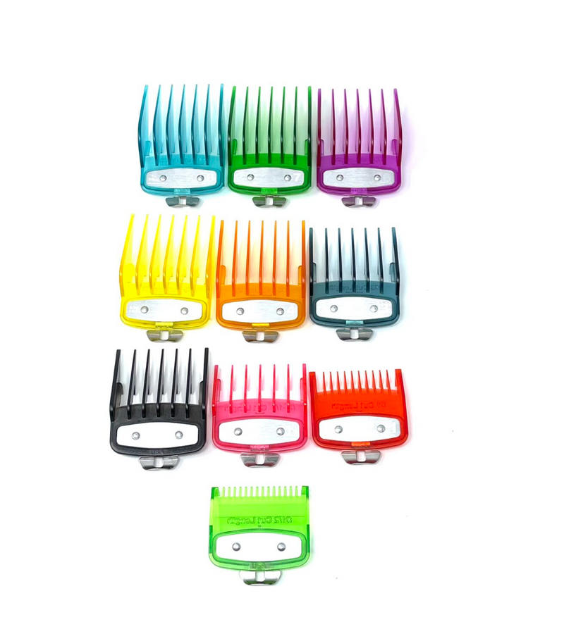 Colorful Clear Clipper guards set with metal clip -fits wahl and babyliss (1-8, 0.5, 1.5)